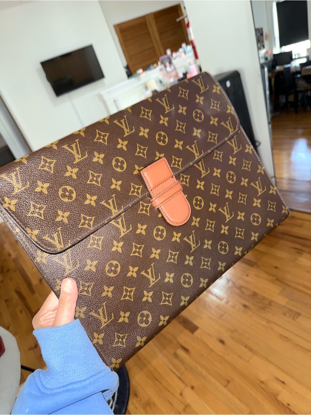 Louis Vuitton Monogram Canvas Envelope Clutch in Brown with Tan Tab